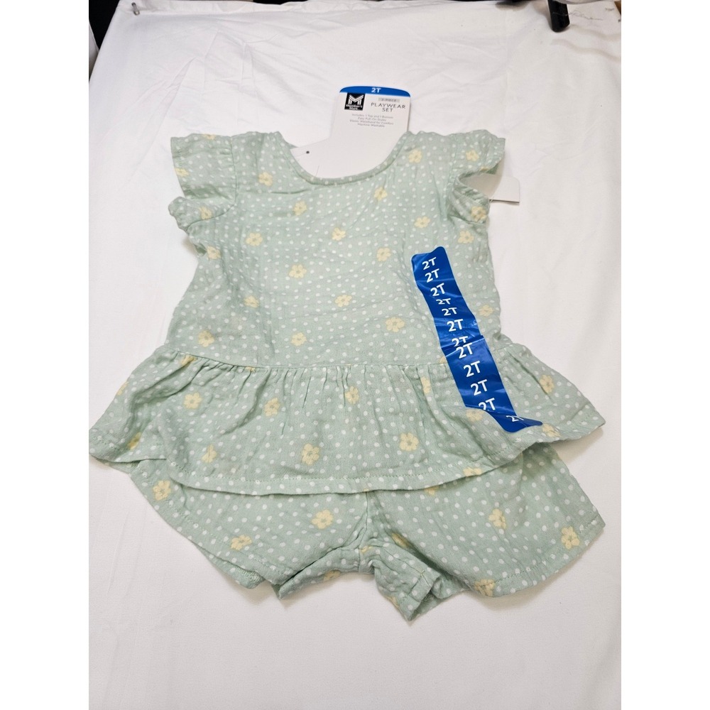 Members Mark‎ Girls 2 Piece Playwear Set Green Floral Polka Dot Cotton Gauze 2T